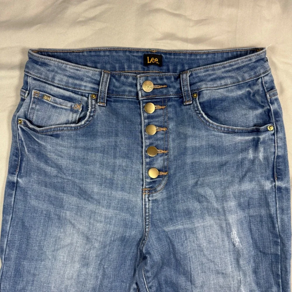 Lee Womens High Rise Flare Jeans Blue Distressed Button Fly Size 29x26